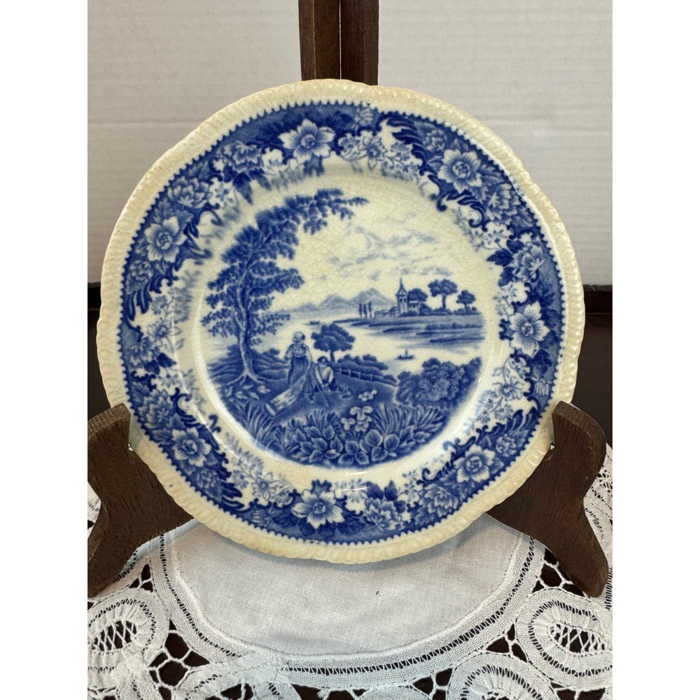 Antique Silverdale Hanley England Flow Blue Pastoral Scene 6.25" Plates Set of 2